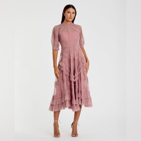 MAC DUGGAL 8058 Pink High Neck Micro Ruffle Tiered Midi Dress - Picture 6 of 16